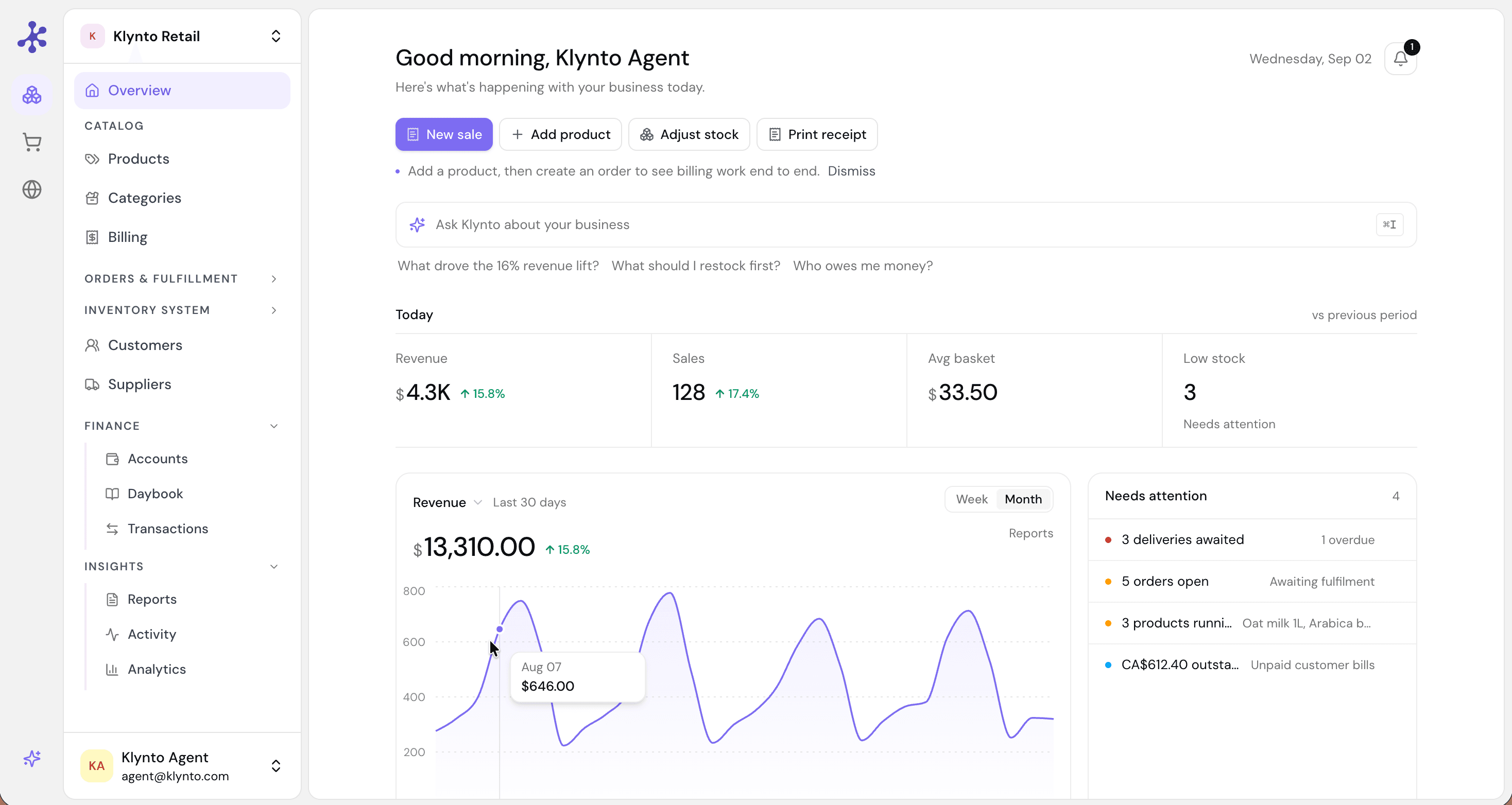 The Klynto workspace showing catalog, orders, inventory, and finance in one sidebar, with the day's revenue and low-stock count