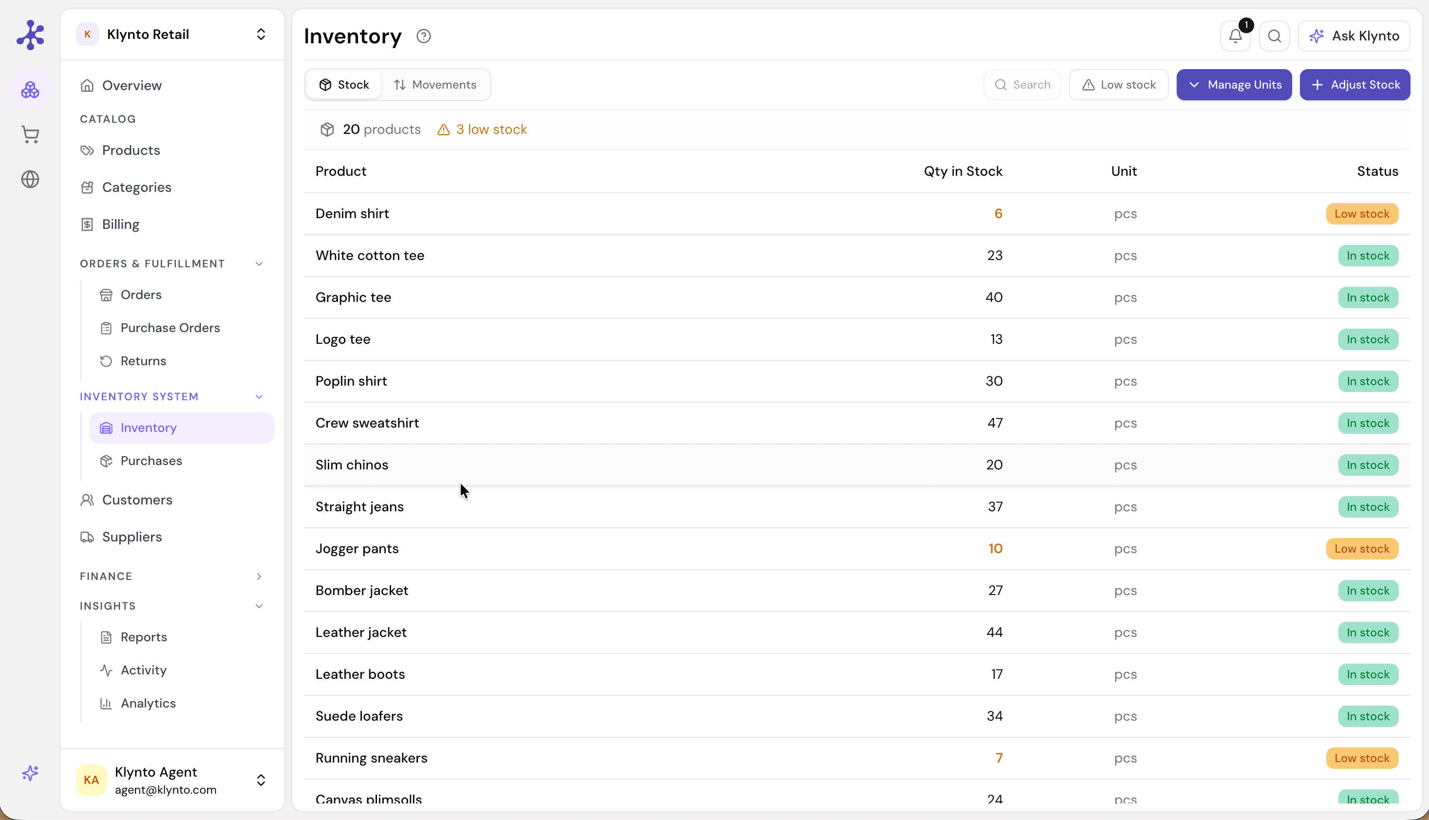 Klynto inventory — live stock levels with low-stock products flagged