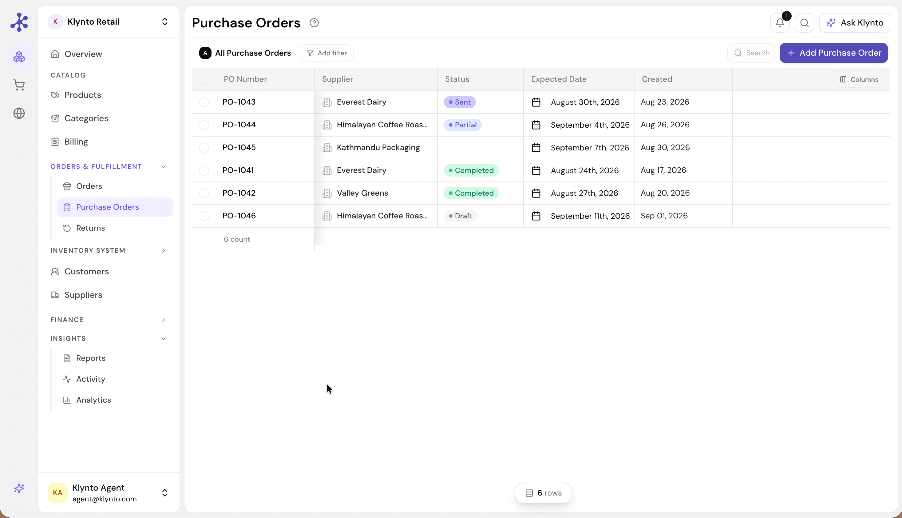 The Klynto purchase order queue showing six orders across four suppliers with sent, partial, completed, and draft statuses